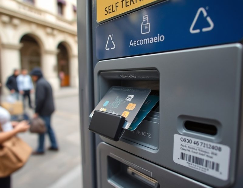 Antes — Frente del terminal con un dispositivo extraño sobre la lectora.